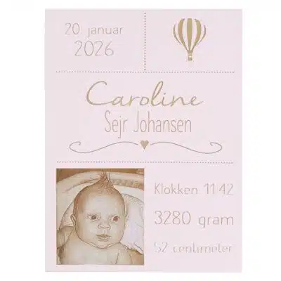 Fødselstavle - lyserød m. foto